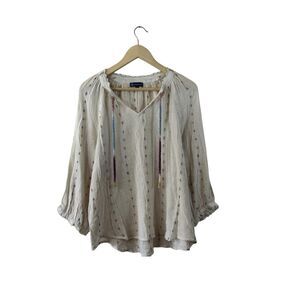 Democracy X-Large Crochet Blouson Top V-Neck Braided Tie Top Boho Cotton Womens